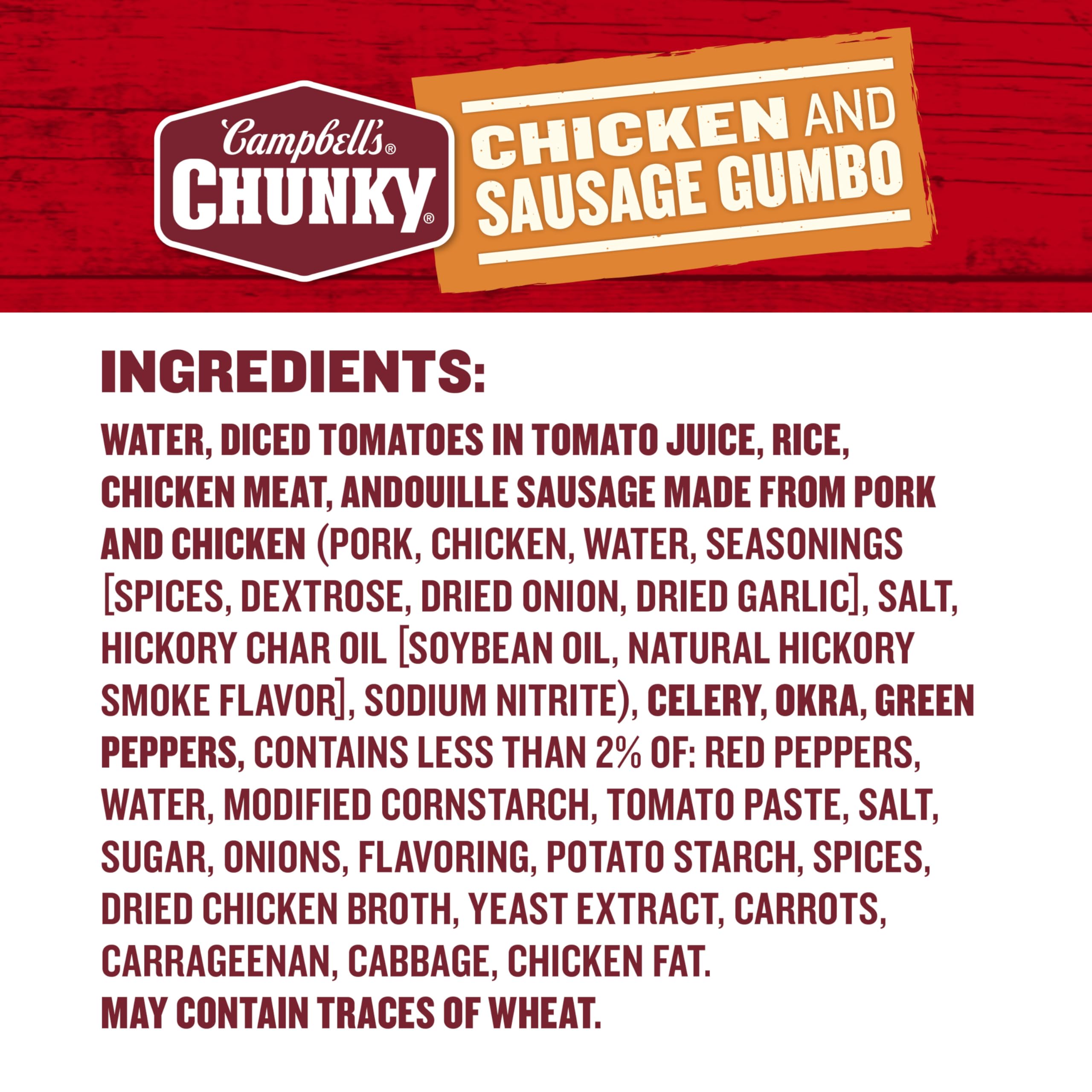 Campbell's Chunky Gumbo chunks of chicken illustrate hearty bites ready to enjoy.