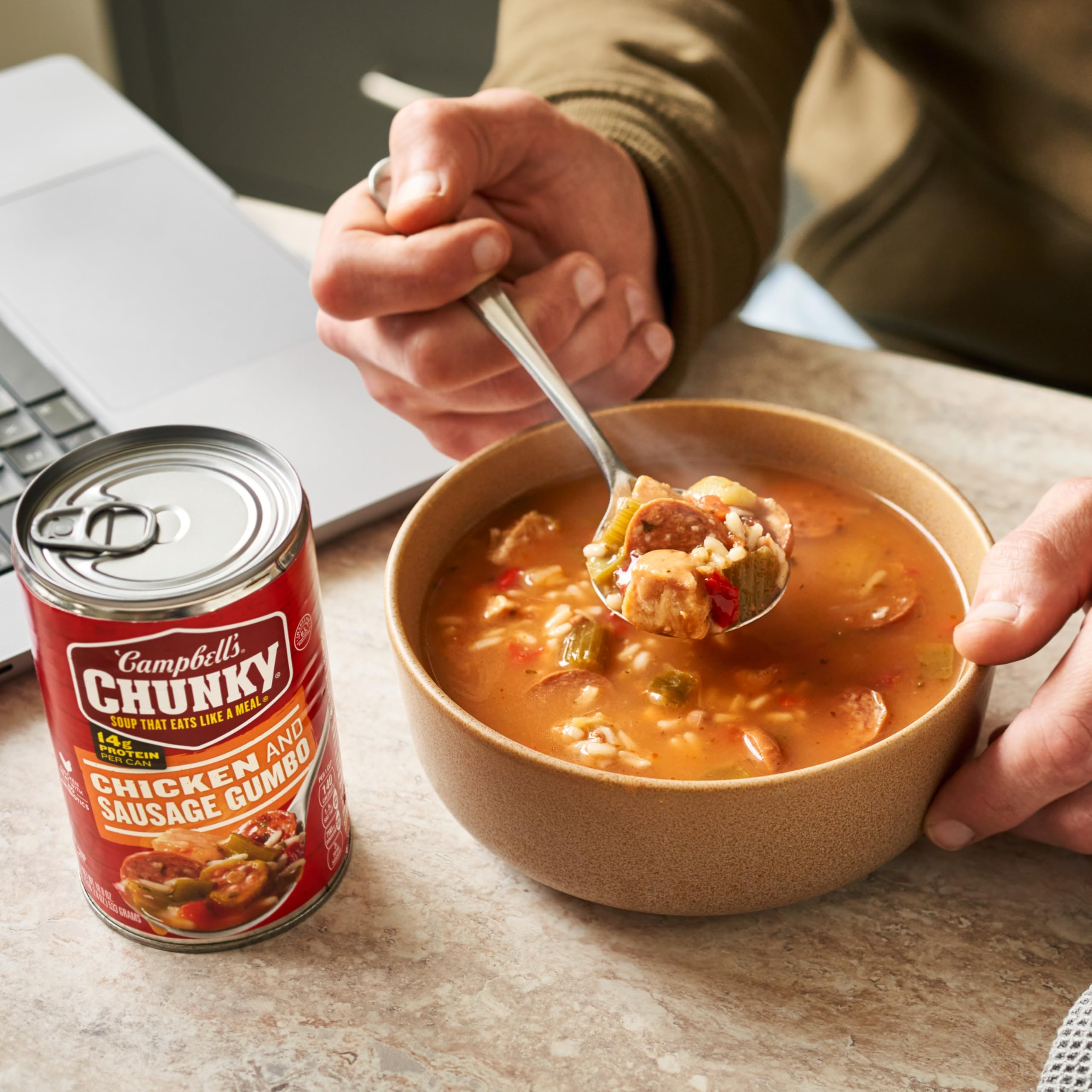 Microwavable prep: Campbell's Chunky Gumbo ready in minutes.