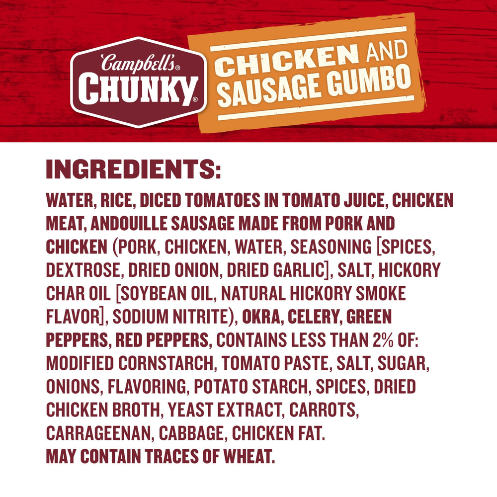 Sausage pieces and okra visible in Campbell's Chunky Gumbo.