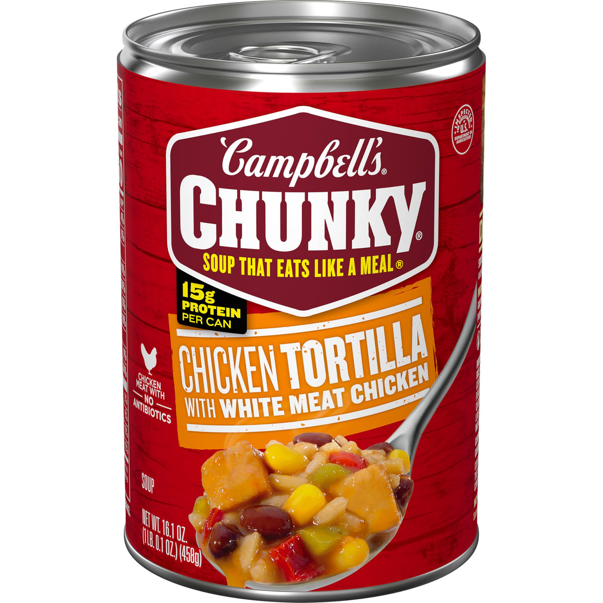 Campbell's Chunky Chicken Tortilla can label highlights protein-packed convenience.