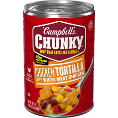 Campbell's Chunky Chicken Tortilla can label highlights protein-packed convenience.