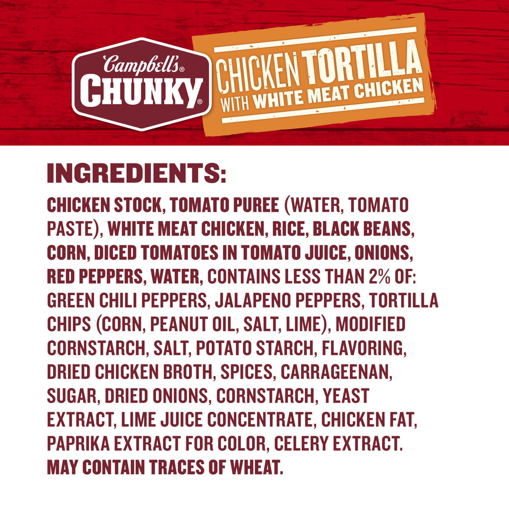Campbell's Chunky Chicken Tortilla ingredients beans corn peppers tomatoes and rice.