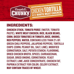 Campbell's Chunky Chicken Tortilla ingredients beans corn peppers tomatoes and rice.