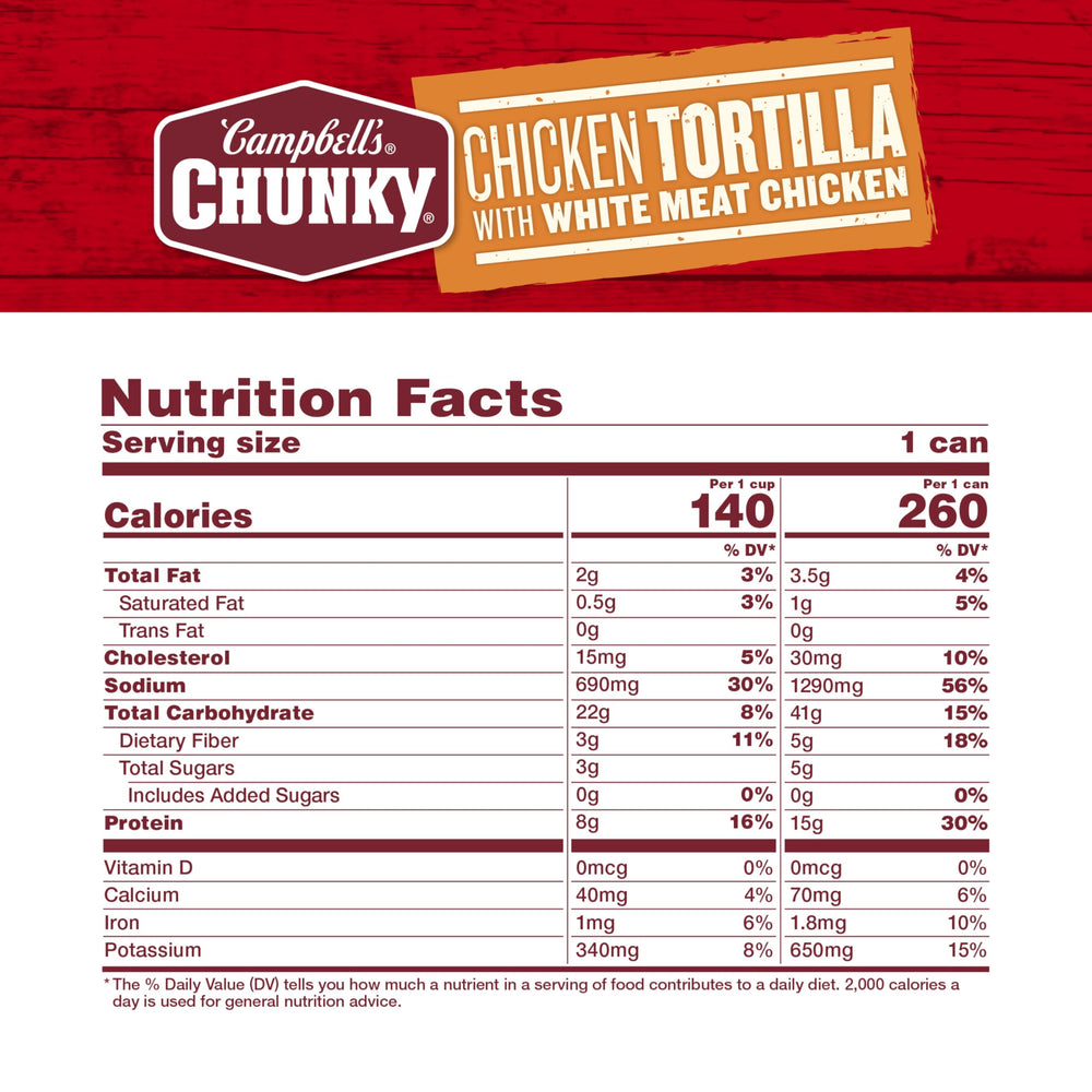 Campbell's Chunky Chicken Tortilla serving bowl highlights bold Southwest flavors.