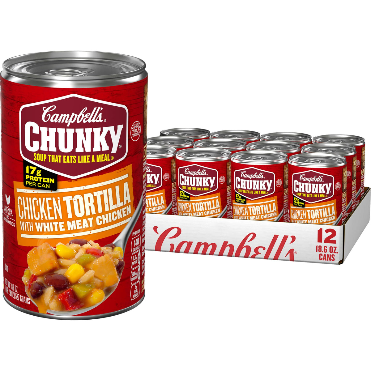 Campbell's Chunky Chicken Tortilla Soup can front view, hearty chunks for a quick meal