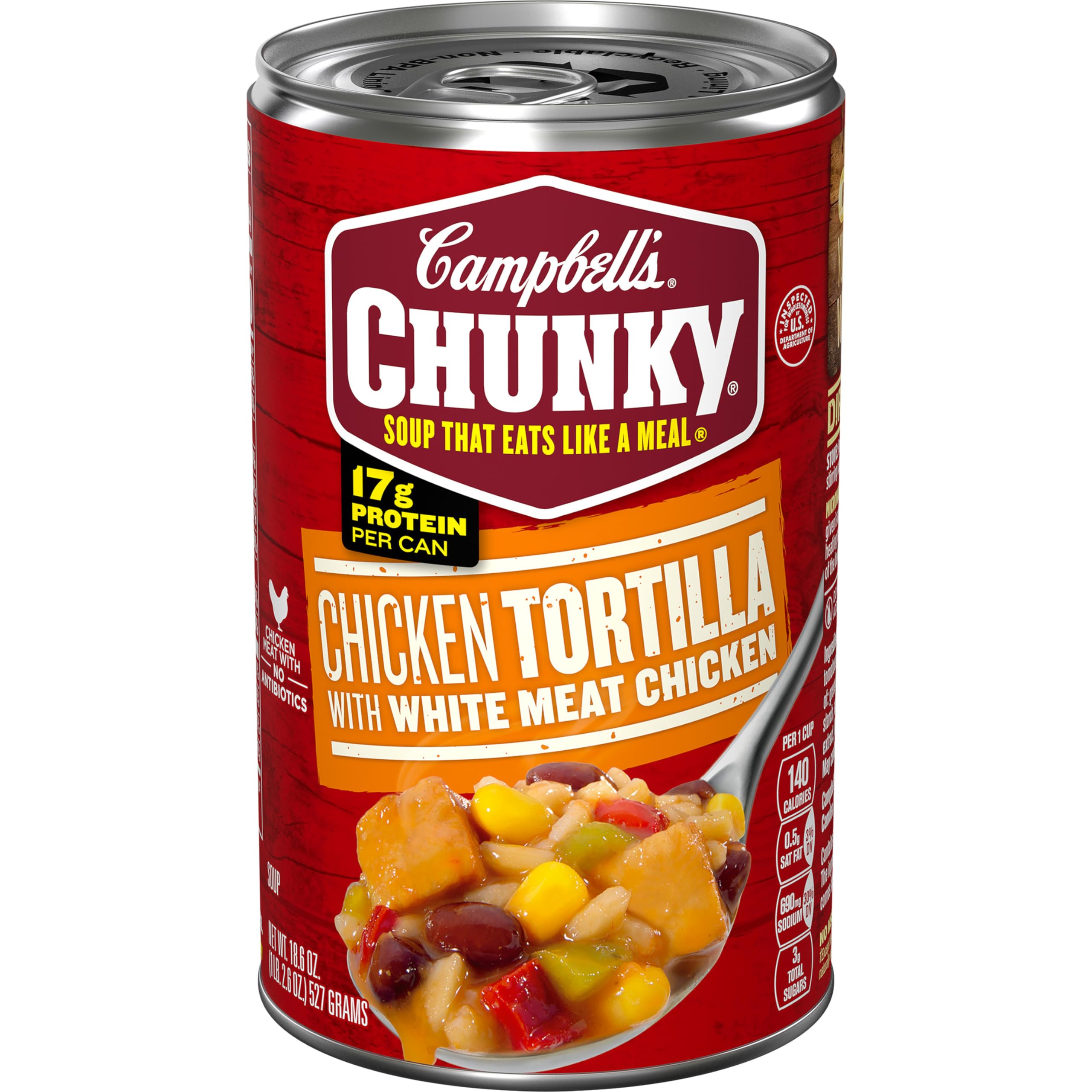 Campbell's Chunky Chicken Tortilla Soup can showcasing a protein-packed meal