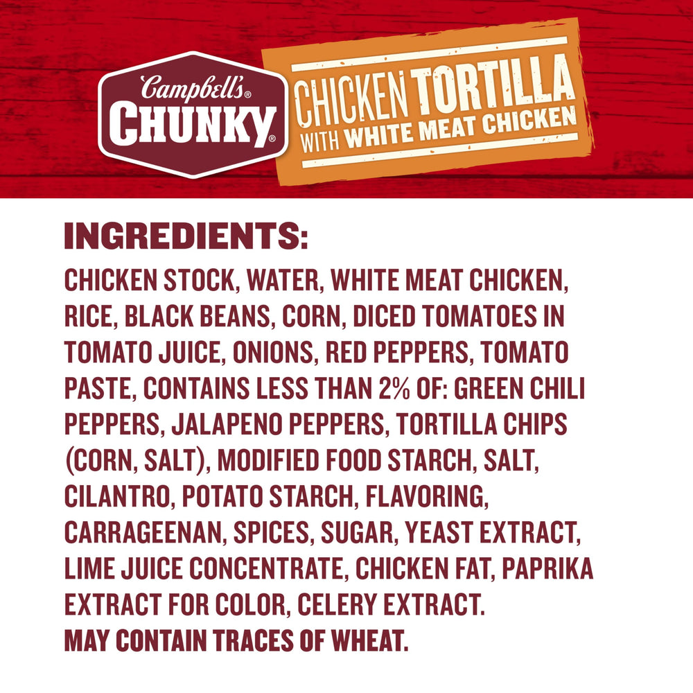 Campbell's Chunky Chicken Tortilla Soup ingredients in a bowl showing beans and corn
