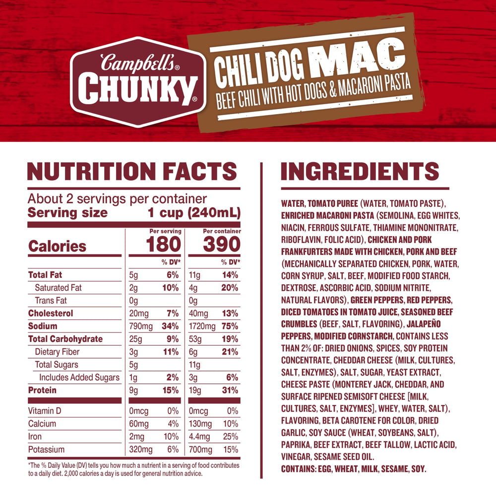 Campell's Chunky Chili Dog Mac Soup bowl steaming ready for a quick, comforting dinner.