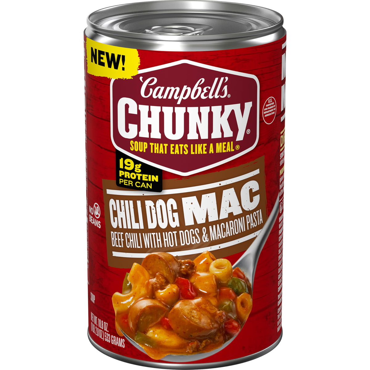 Campbell’s Chunky Chili Dog Mac Soup can front showing a hearty, protein-packed meal.