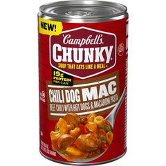 Campbell’s Chunky Chili Dog Mac Soup can front showing a hearty, protein-packed meal.