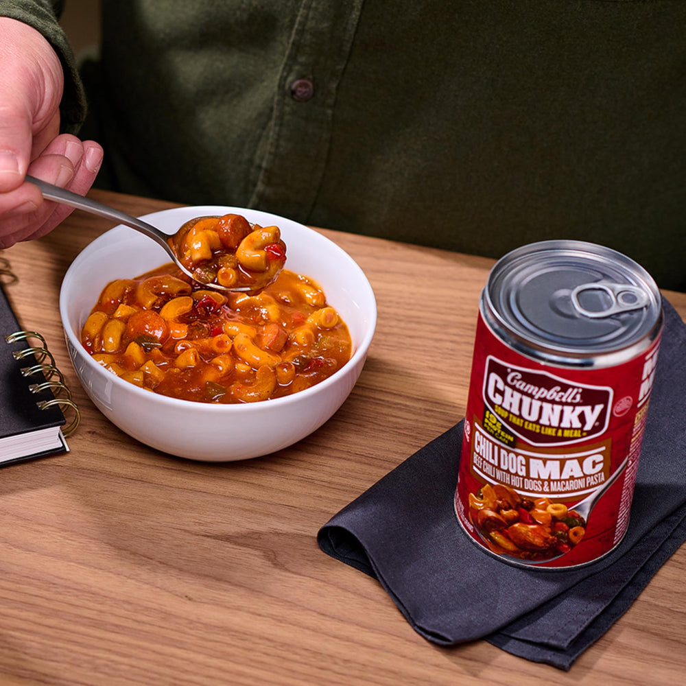 Campbell’s Chunky Chili Dog Mac Soup hot dogs image highlights kid-friendly protein.