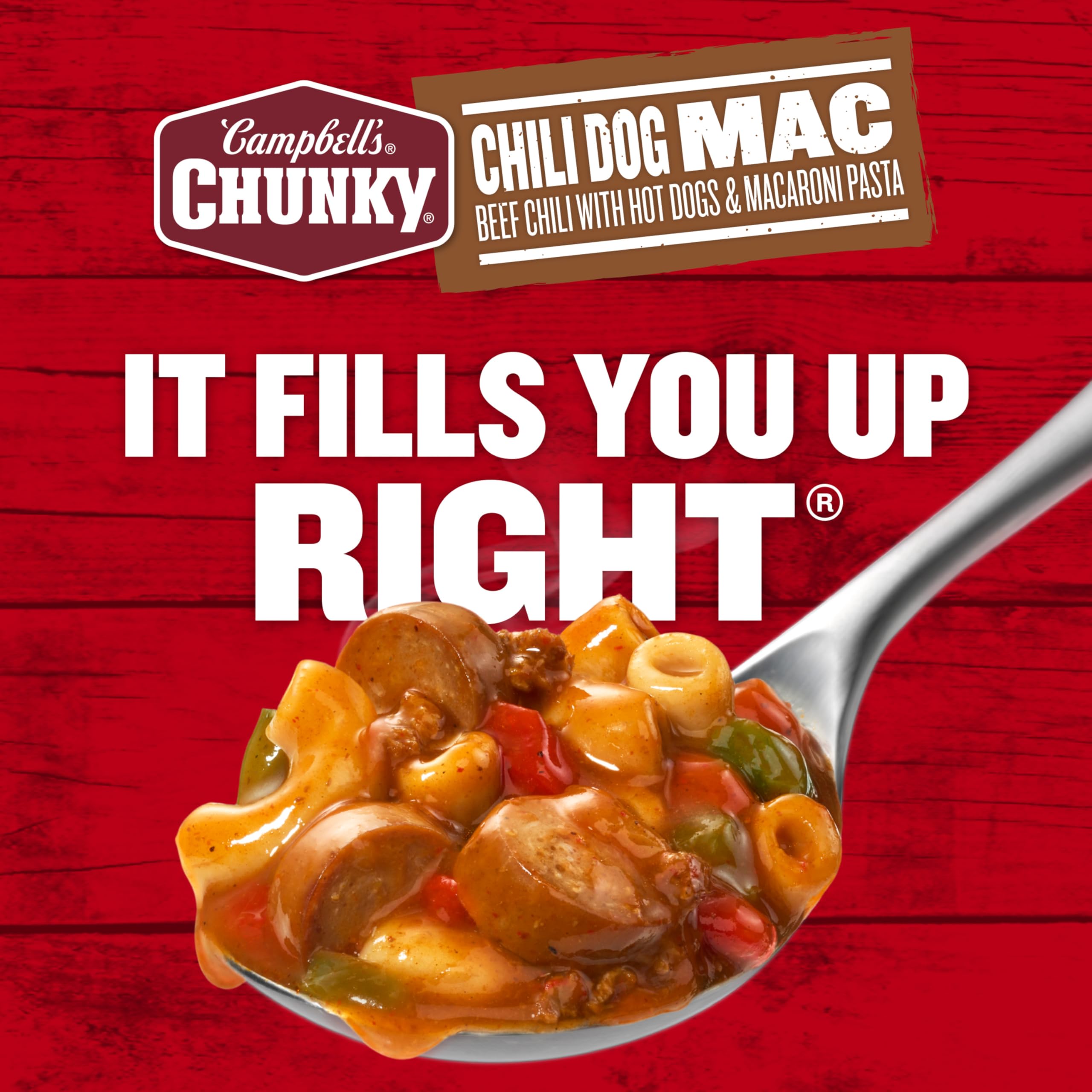 Campbell’s Chunky Chili Dog Mac Soup no-beans visual emphasizes classic chili-mac texture.