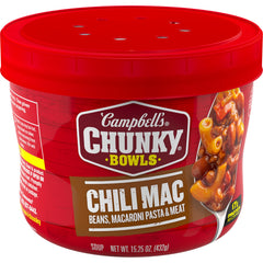 Campbell's Chunky Chili Mac Soup bowl front view, ready for a quick, filling meal.