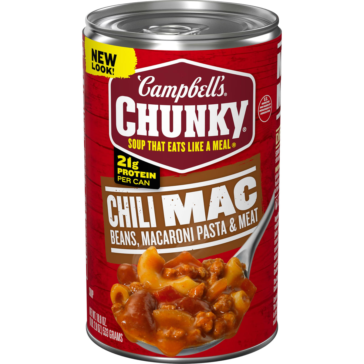 Campbell's Chunky Chili Mac Soup can label close-up, protein-packed meal.