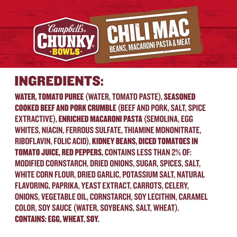Close-up of Campbell's Chunky Chili Mac Soup ingredients: beef, beans, and macaroni.