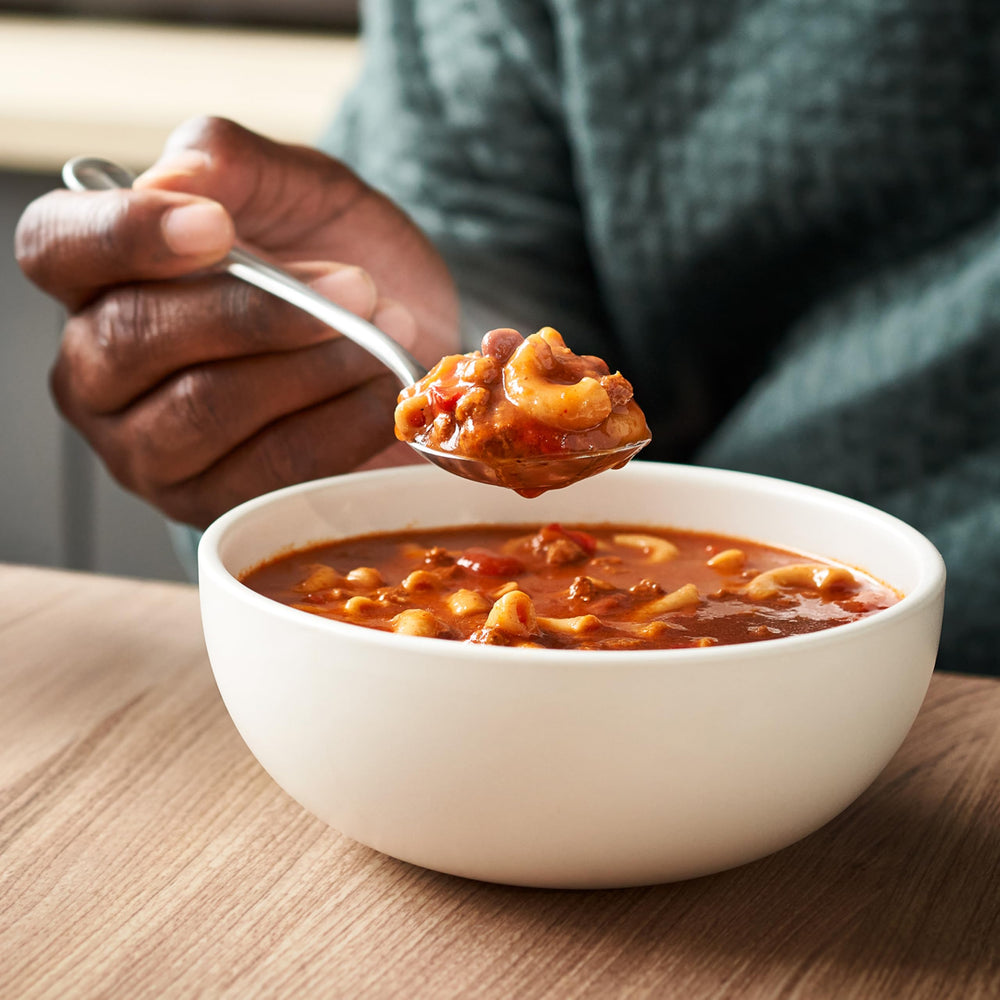 Spoonful shows Campbell's Chunky Chili Mac with kidney beans and macaroni.