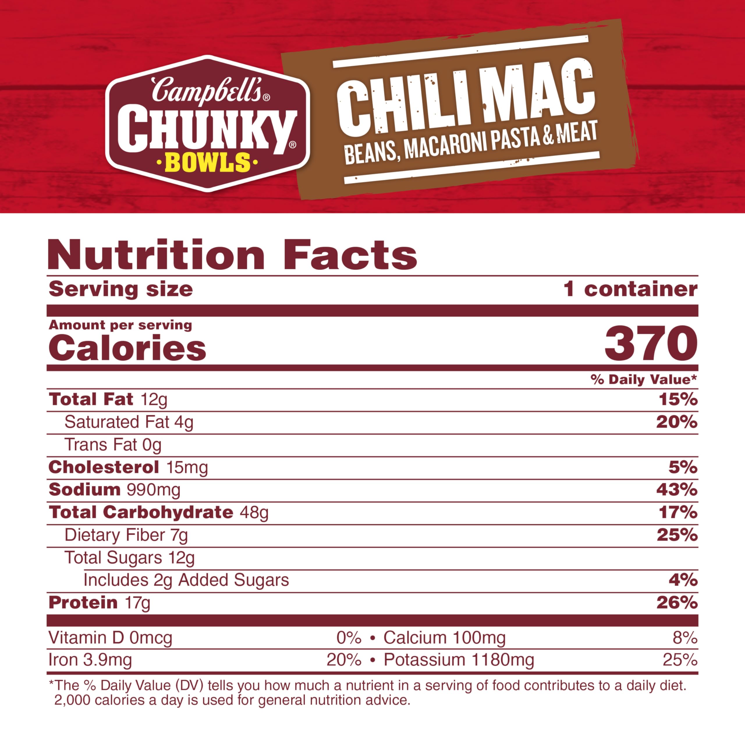 Close-up of Campbell's Chunky Chili Mac Soup ingredients assortment