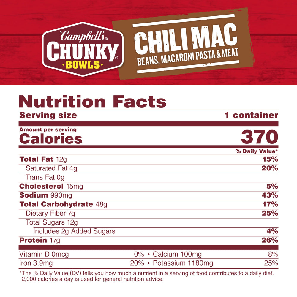 Close-up of Campbell's Chunky Chili Mac Soup ingredients assortment