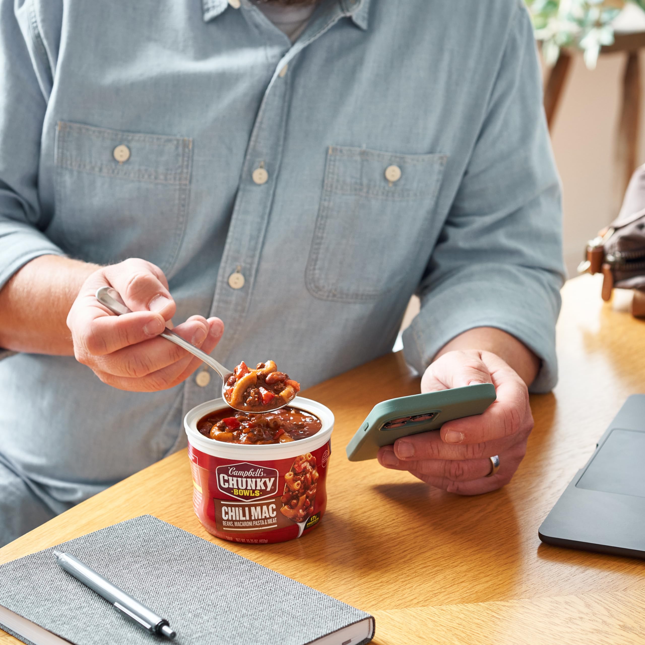 Ready-to-serve Campbell's Chunky Chili Mac Soup in a microwave bowl.