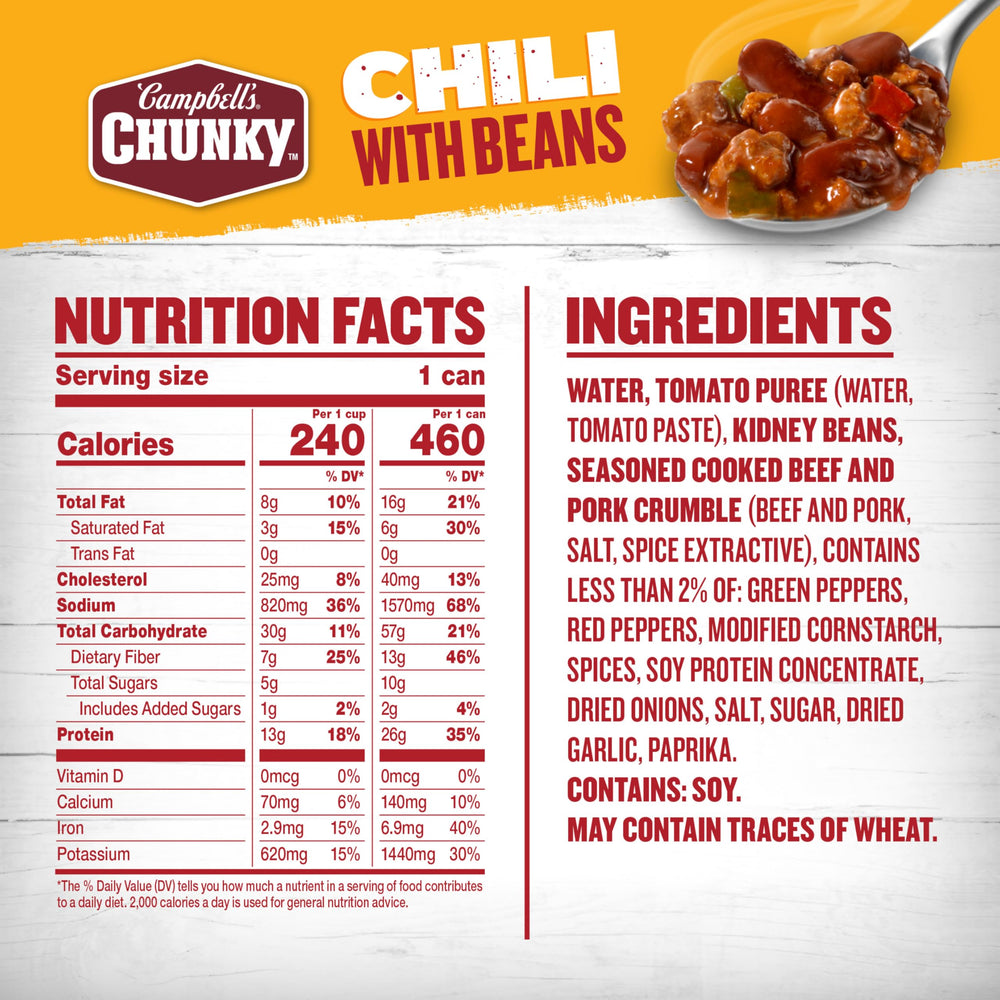 Campbell’s Chunky Chili With Beans beans and meat close-up ready for quick family dinner.