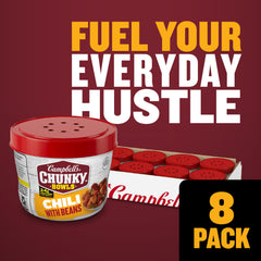 Campbell's Chunky Chili With Beans beans-peppers-and-meat-closeup highlights hearty texture.