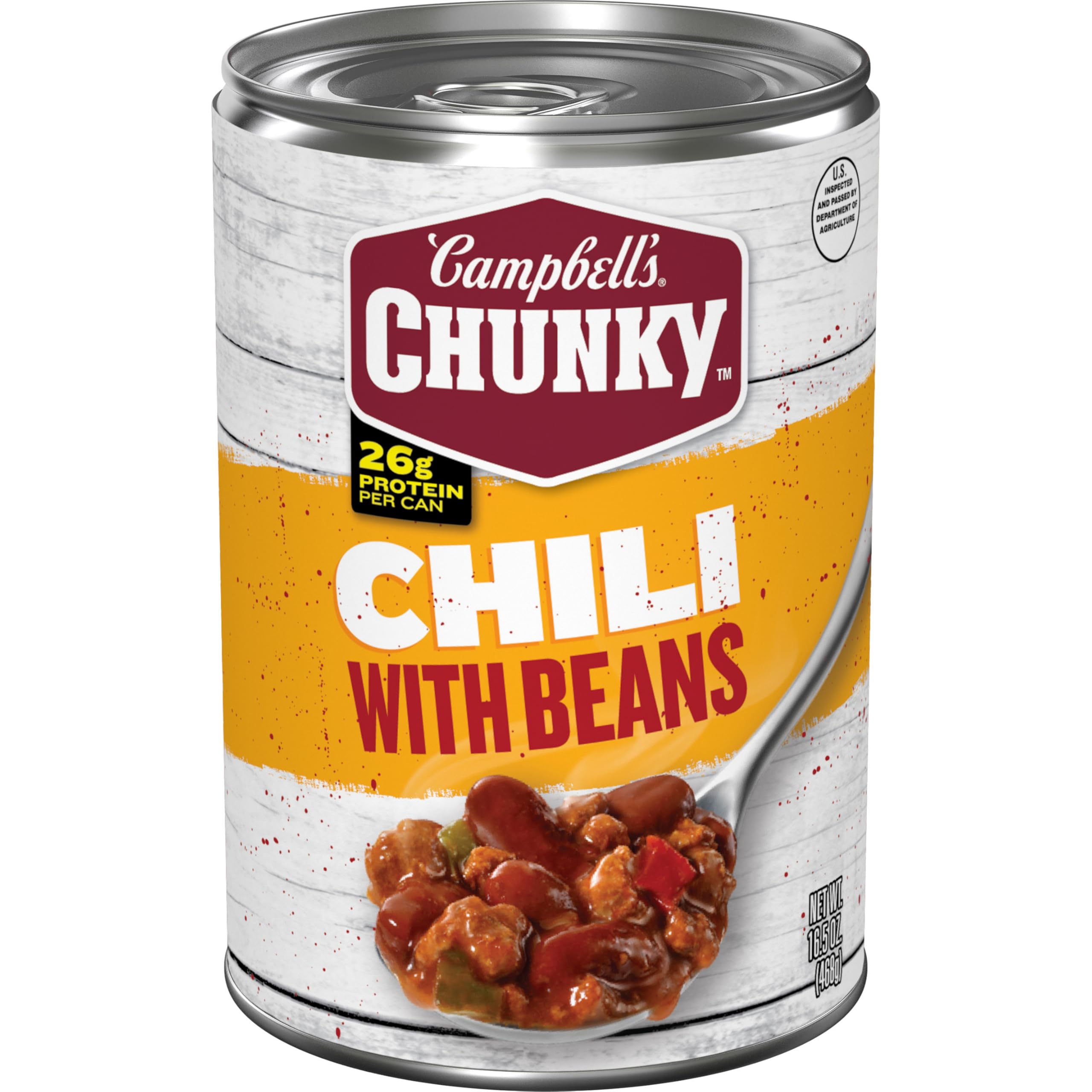Campbell’s Chunky Chili With Beans can close-up highlighting a hearty, protein-packed ready meal.