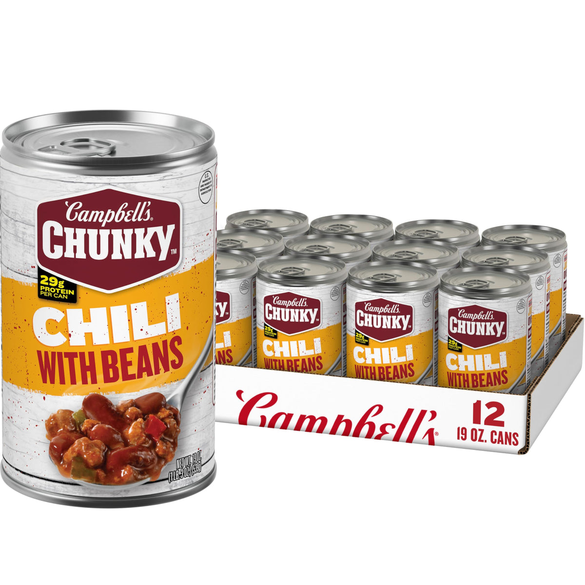 Campbell's Chunky Chili with Beans close-up on beans, highlighting hearty texture for a protein boost.