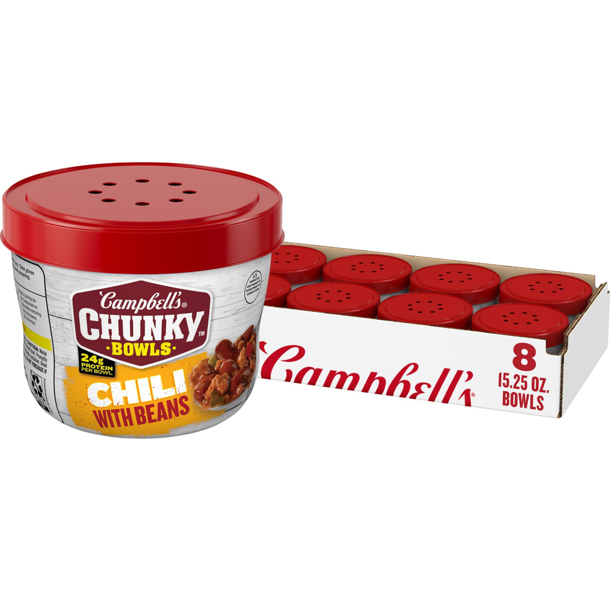 Campbell's Chunky Chili With Beans eight-bowls pack for quick meals.