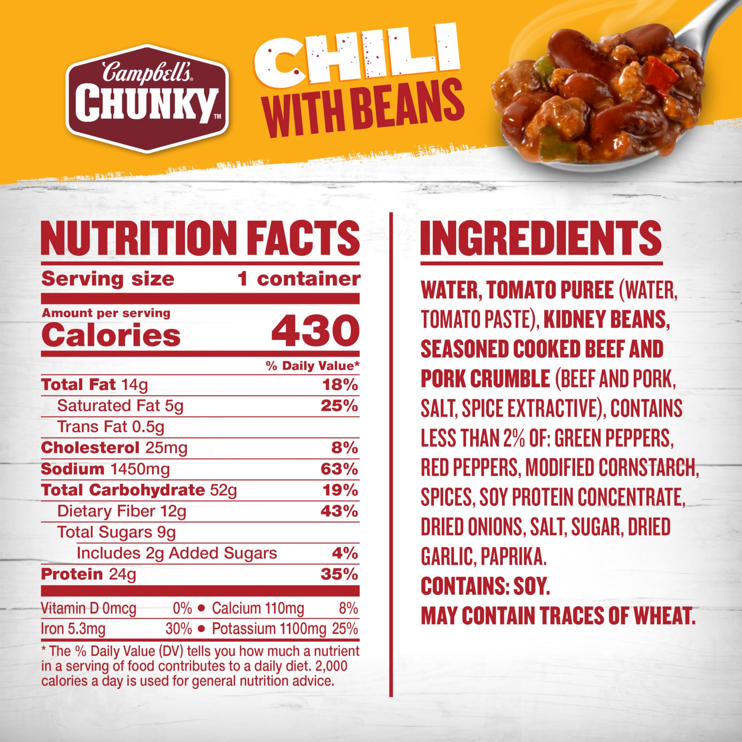 Campbell's Chunky Chili With Beans microwavable-bowl close-up showing beans, meat, and peppers.