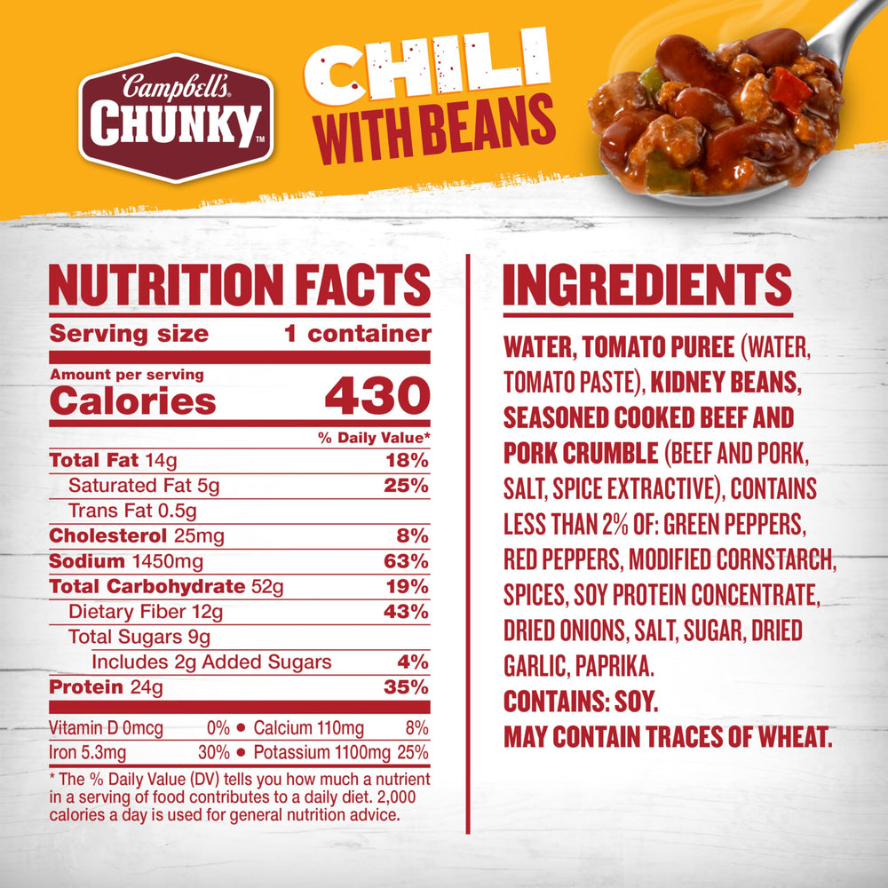 Campbell's Chunky Chili With Beans microwavable-bowl close-up showing beans, meat, and peppers.