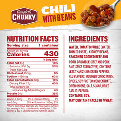 Campbell's Chunky Chili With Beans microwavable-bowl close-up showing beans, meat, and peppers.