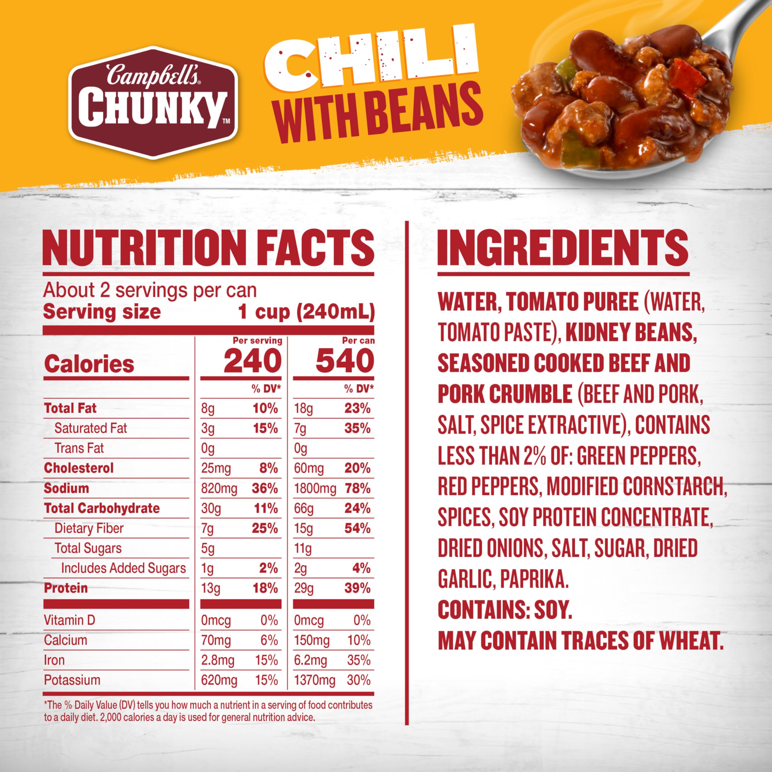 Campbell's Chunky Chili with Beans close-up of seasoned beef and pork, ideal for a quick, satisfying meal.