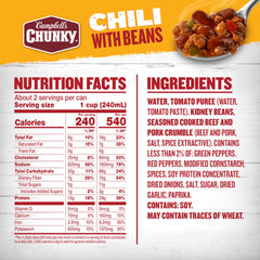 Campbell's Chunky Chili with Beans close-up of seasoned beef and pork, ideal for a quick, satisfying meal.