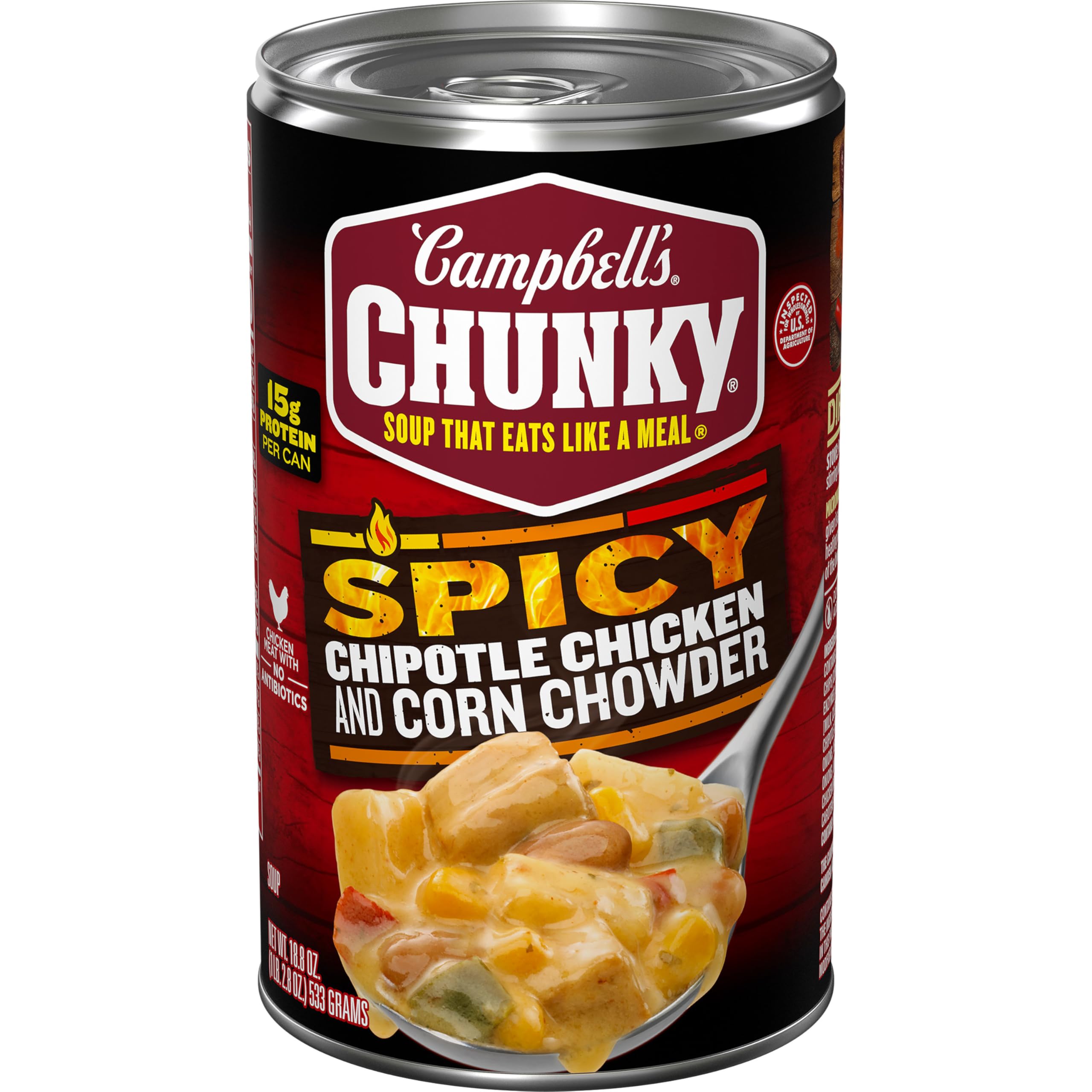 Campbell's Chipotle Chicken Corn Chowder can front highlights a hearty, protein-packed meal.