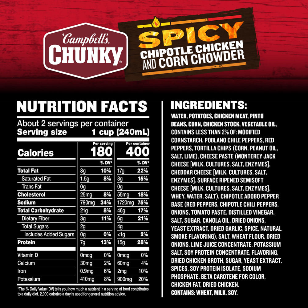 Campbell's Chipotle Chicken Corn Chowder can-ingredients panel highlights real chicken and vegetables.