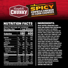 Campbell's Chipotle Chicken Corn Chowder can-ingredients panel highlights real chicken and vegetables.