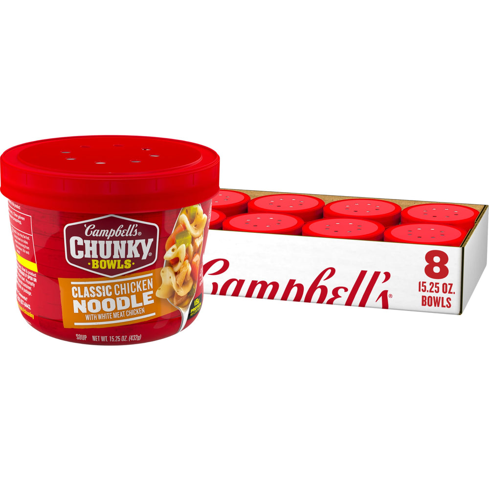 Campbell's Chunky Classic Chicken Noodle Soup bowl close-up showing hearty chicken chunks.