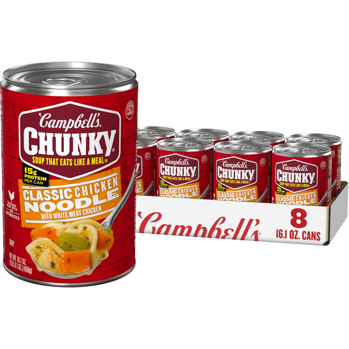 Campbell’s Chunky Classic Chicken Noodle Soup can front, ready for a quick, comforting meal.