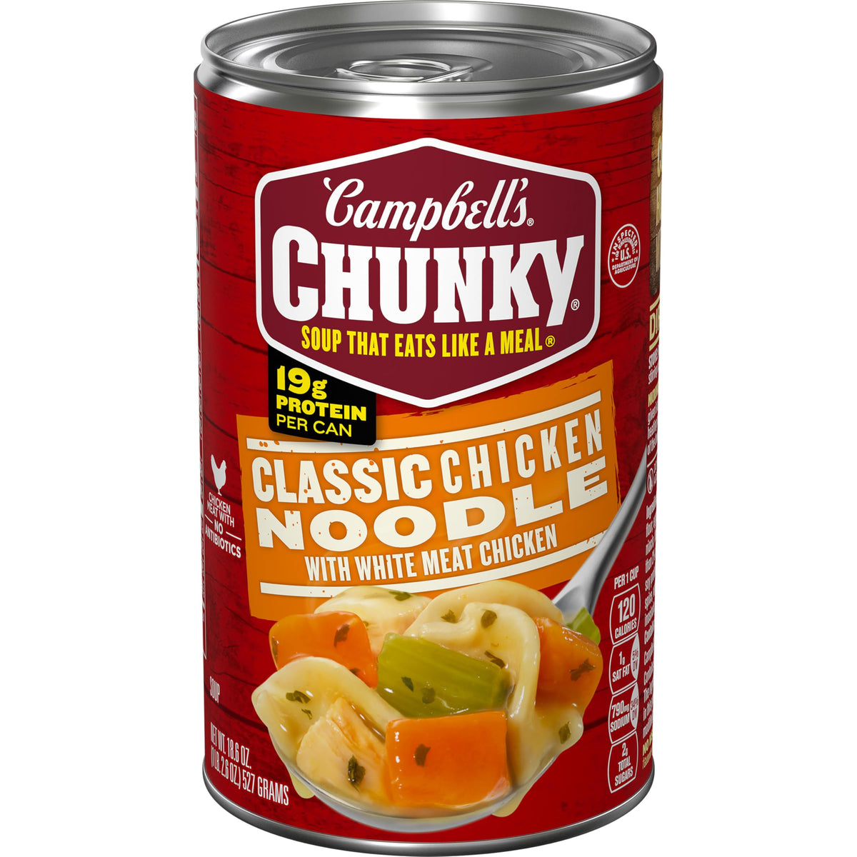 Campbell's Chunky Classic Chicken Noodle Soup can, ready-to-serve protein