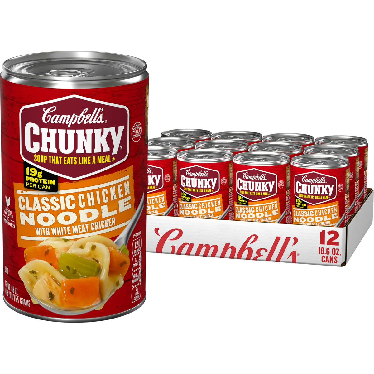 Campbell's Chunky Classic Chicken Noodle Soup can with hearty chunks for a quick meal