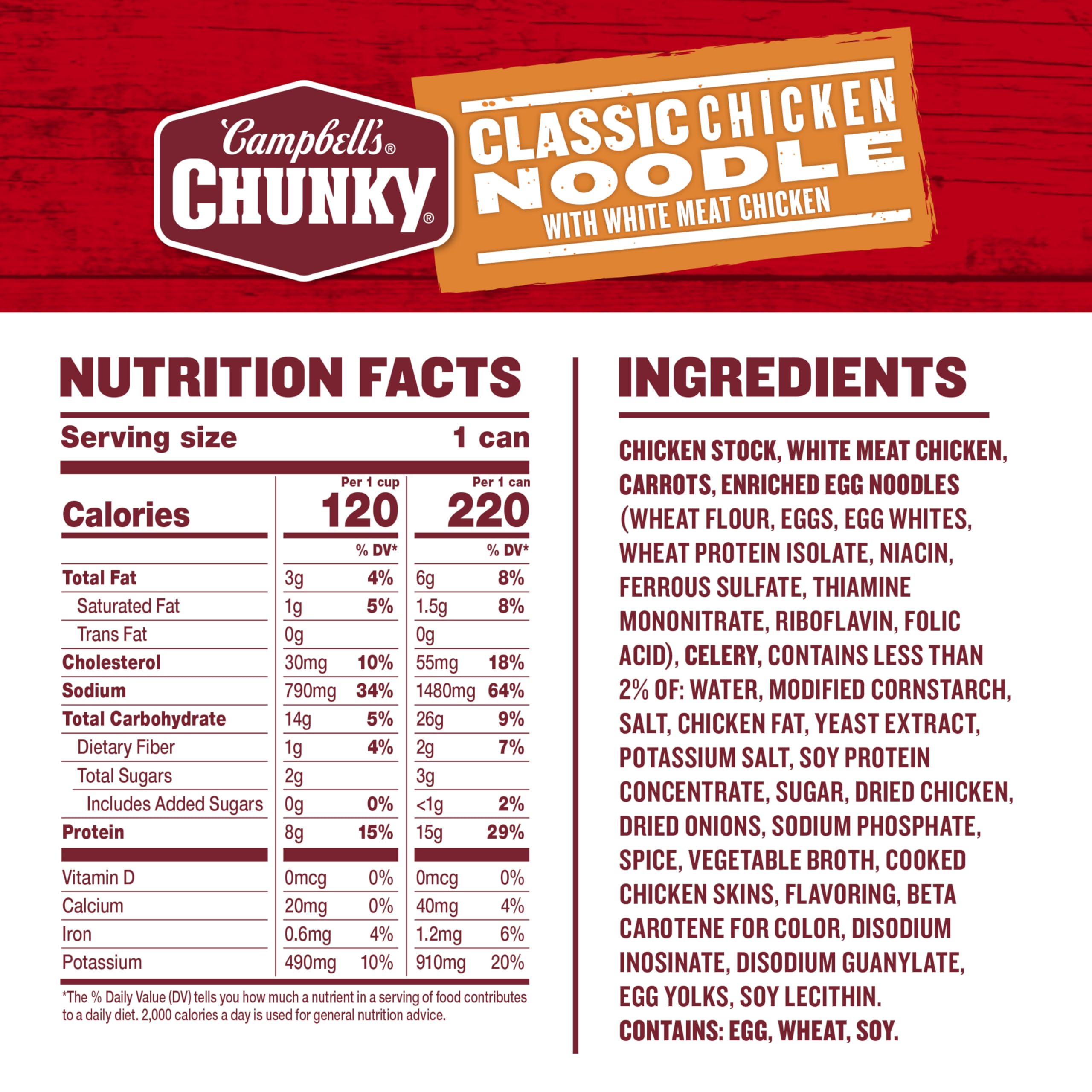 Campbell’s Chunky Classic Chicken Noodle Soup with visible chicken chunks for protein-rich bites.