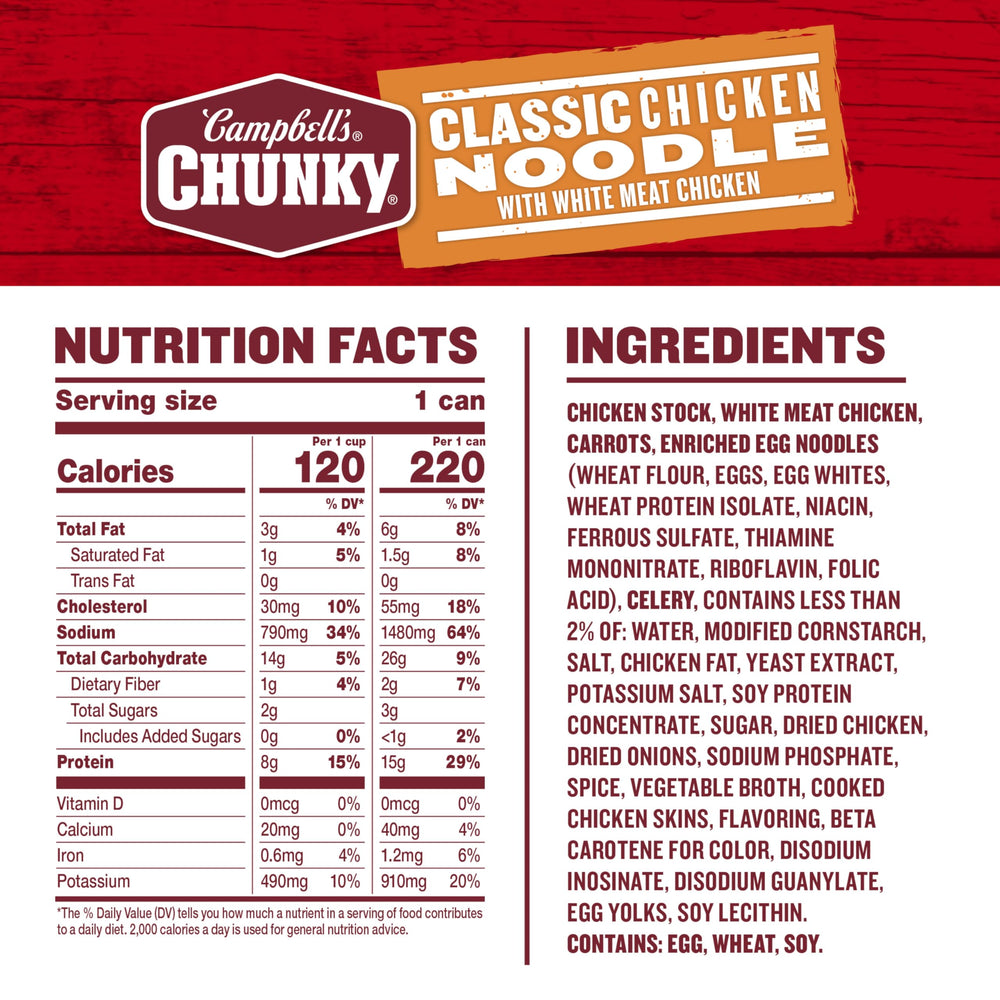Campbell’s Chunky Classic Chicken Noodle Soup with visible chicken chunks for protein-rich bites.