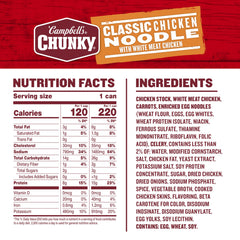 Campbell’s Chunky Classic Chicken Noodle Soup with visible chicken chunks for protein-rich bites.