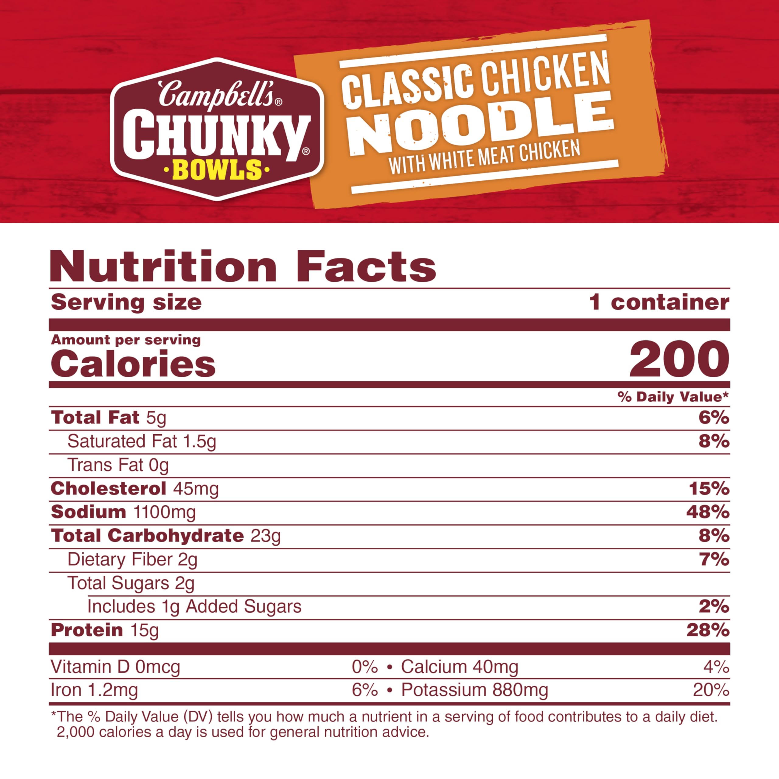 Campbell's Chunky Classic Chicken Noodle Soup with visible chicken chunks for a filling meal.