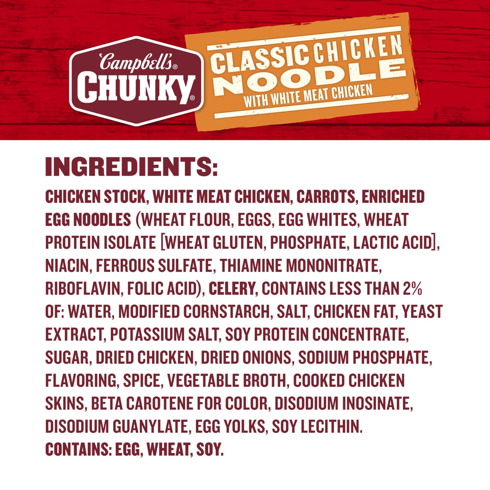Big chunks of white chicken in Campbell's Chunky Classic Chicken Noodle Soup