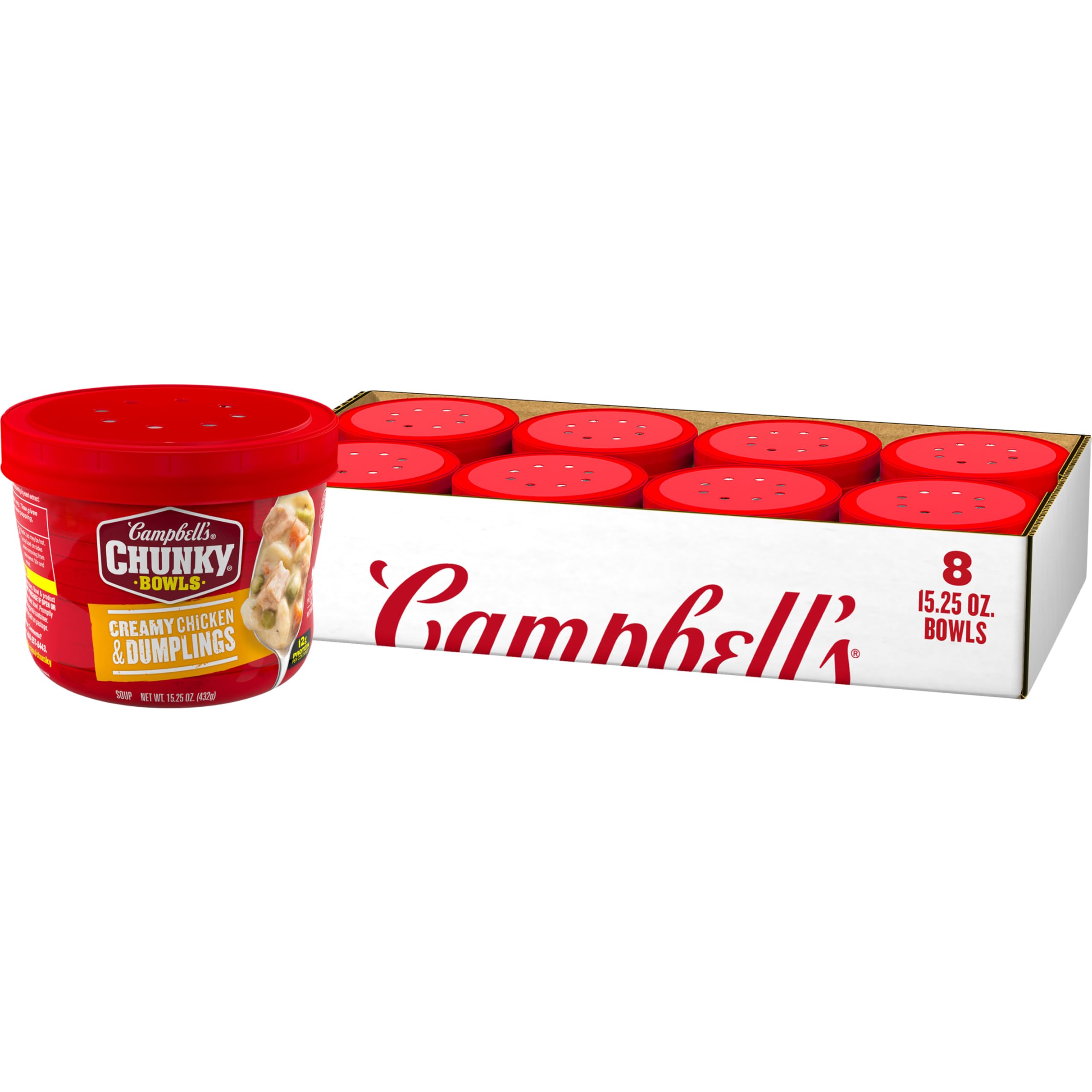 Campbell's Chunky Creamy Chicken and Dumplings bowl ready in minutes for a satisfying lunch.