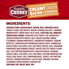 A steaming bowl of Campbell's Chunky Creamy Chicken Bacon Carbonara soup.