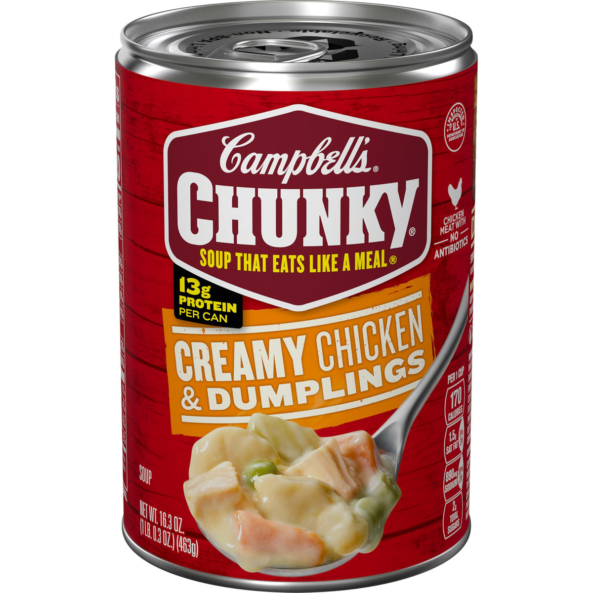 Campbell's Chunky Creamy Chicken and Dumplings can, ready-to-eat comfort for quick meals.