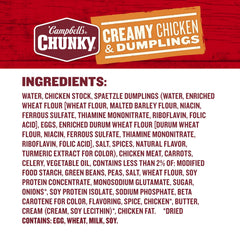 Campbell's Chunky Creamy Chicken and Dumplings dumplings close-up, highlighting spaetzle-style textures.