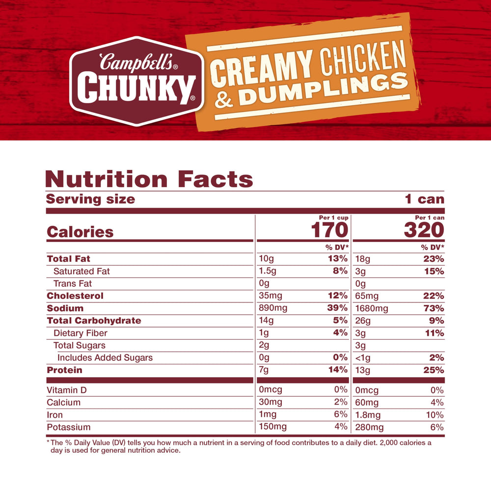 Campbell's Chunky Creamy Chicken and Dumplings ingredients close-up with chicken chunks and vegetables.